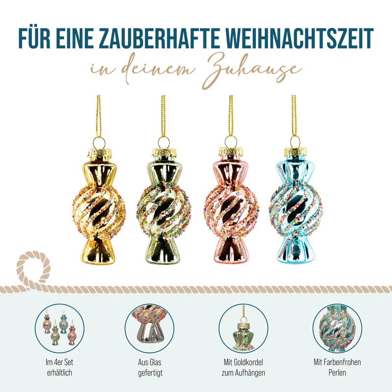 Christbaumschmuck Bonbons Glas 4er Set Pastell mit Goldkordel