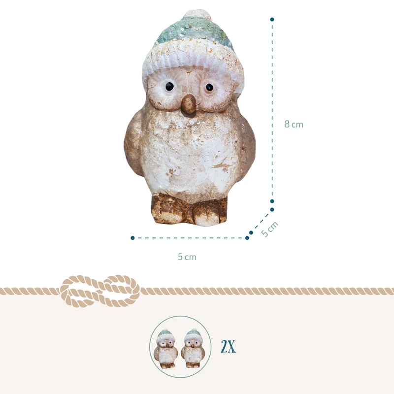 2er Set Winter Eulen mit Strickmütze aus Ton 8 cm - Dekofiguren