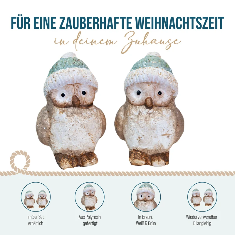 2er Set Winter Eulen mit Strickmütze aus Ton 8 cm - Dekofiguren