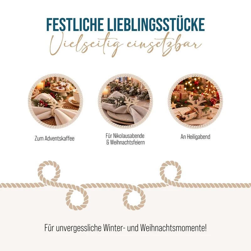 Serviettenringe Rentier 4er Set aus Holz – Weihnachtsdeko in Natur