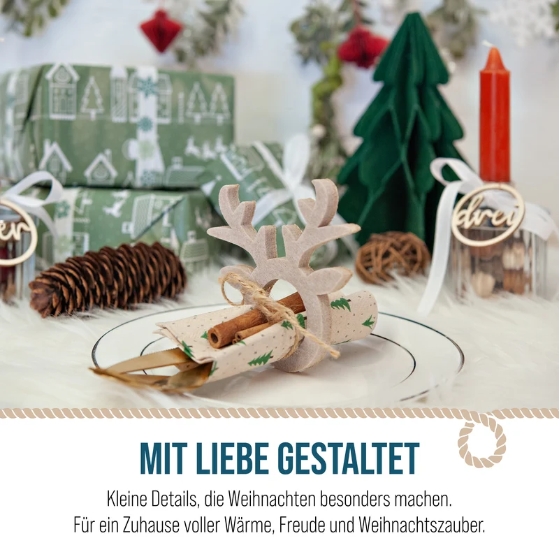 Serviettenringe Rentier 4er Set aus Holz – Weihnachtsdeko in Natur