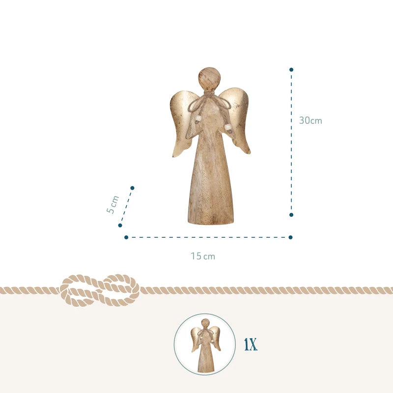 Engelfigur aus Mangoholz 30 cm – stehender Holzengel mit goldenen Flügeln