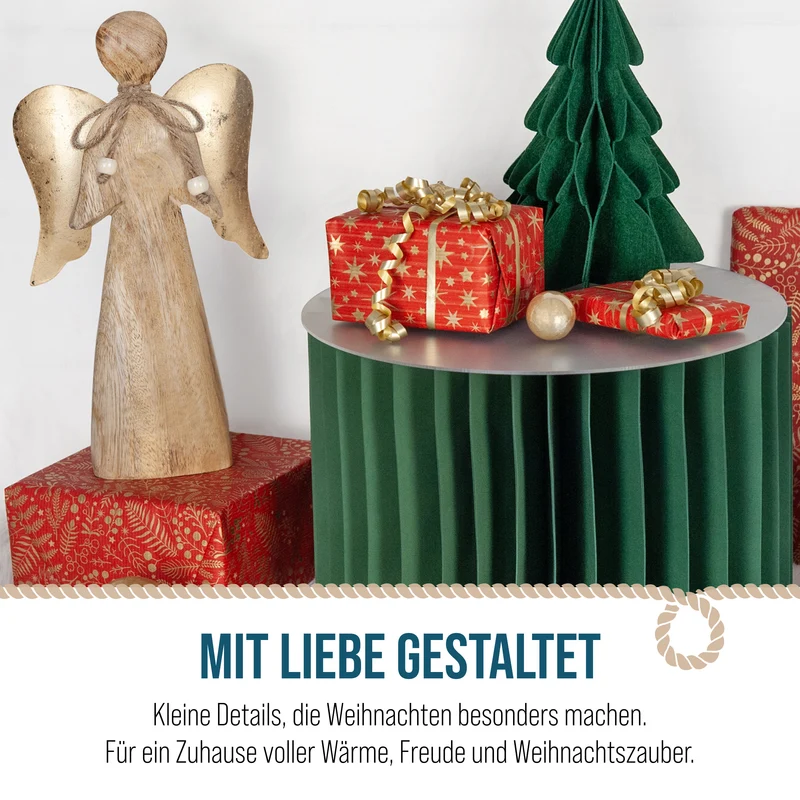 Engelfigur aus Mangoholz 30 cm – stehender Holzengel mit goldenen Flügeln