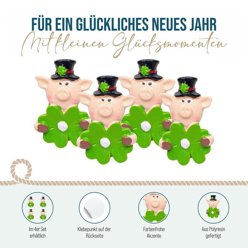 Glücksschweinchen Kleeblatt 4er Set selbstklebend 4 cm - Glücksbringer