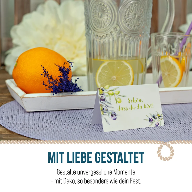 Tischkarten 25 Stück mit Olivenzweigen, Schön dass du da bist, 8,5 × 5,5 cm