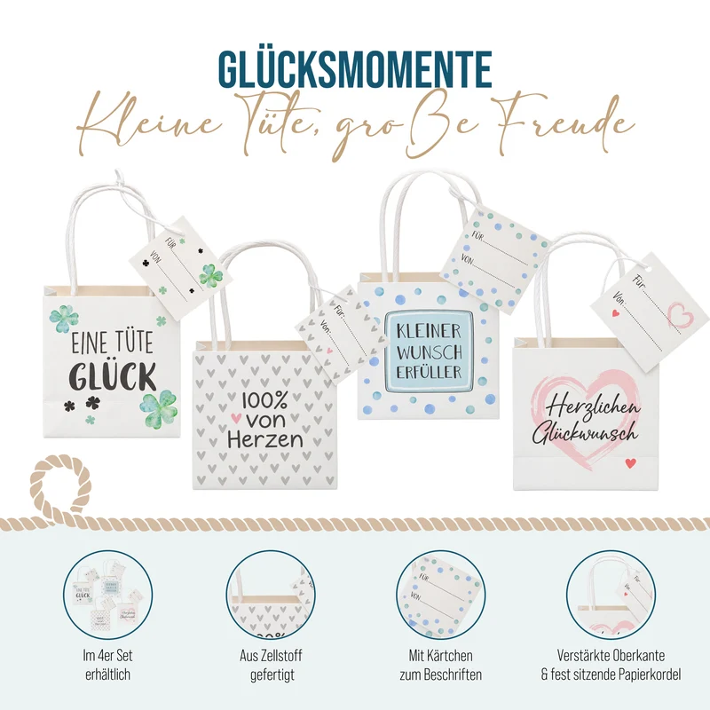 Geschenktüten 4er Set aus Papier mit Anhänger - vier Motive