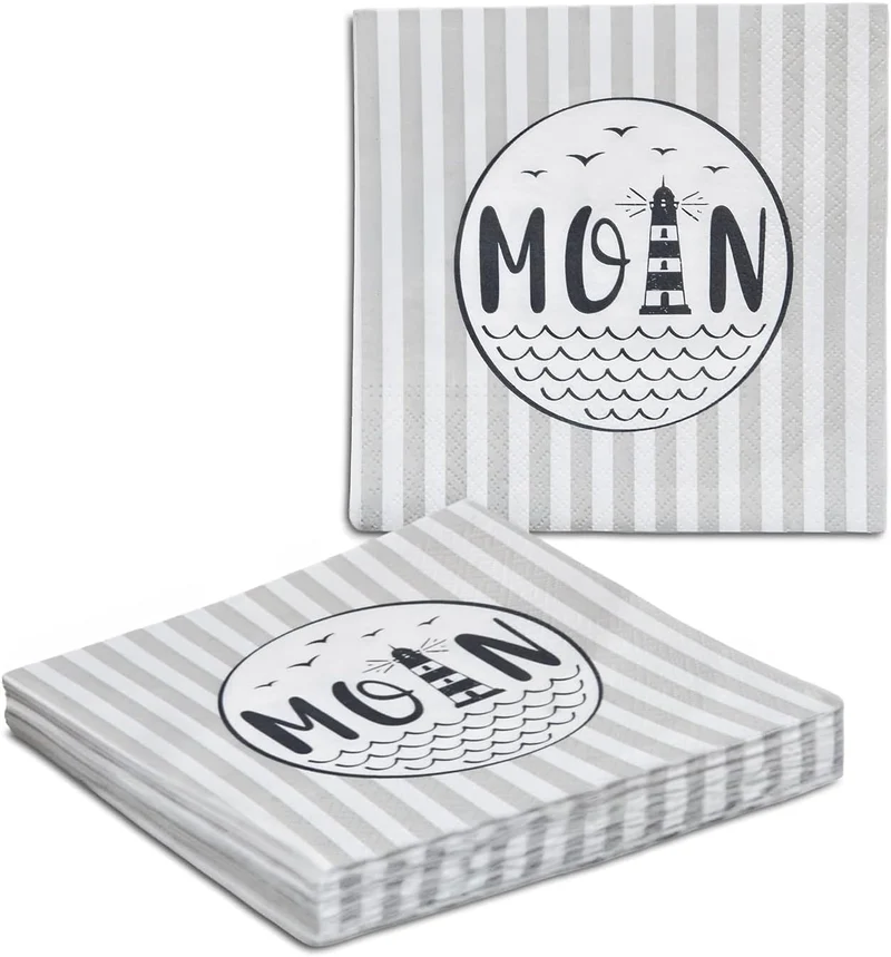 Servietten MOIN mit Leuchtturm grau weiß 33 x 33 cm - 20er Pack
