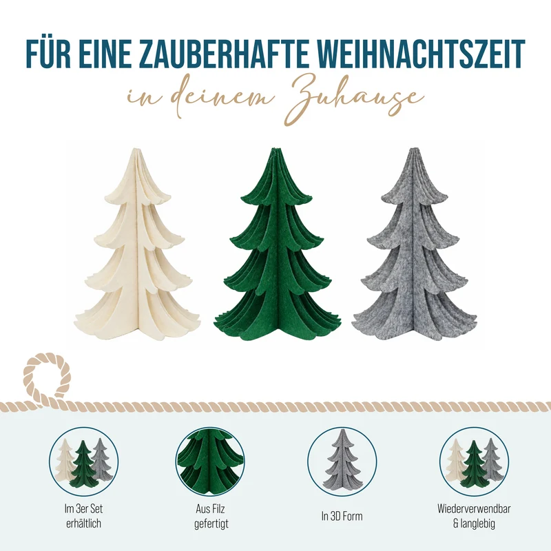 3er Set Filz Tannenbäume 20 cm grün grau creme Tischdeko