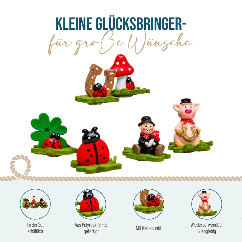 6er Set Glücksbringer Polyresin Kleeblatt selbstklebend 4 cm