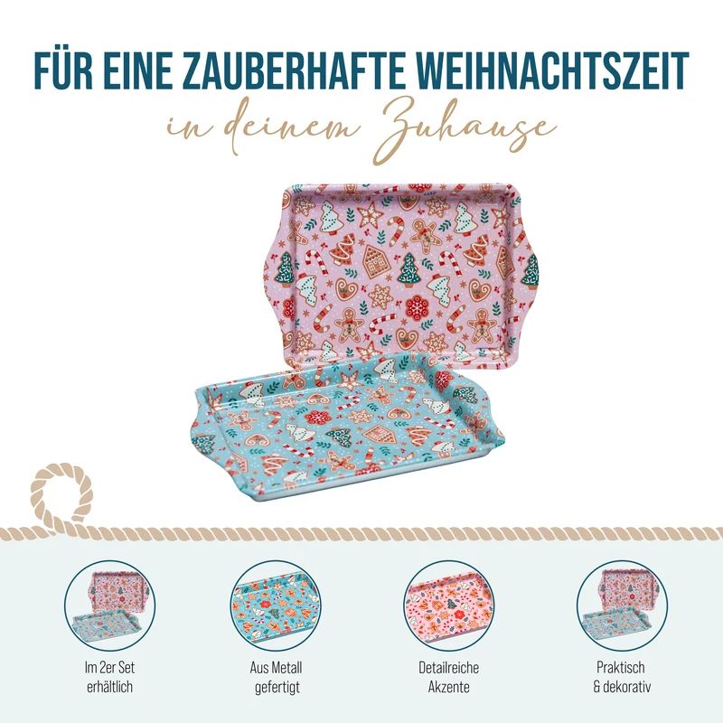 2er Set Tabletts Metall Lebkuchen 21,5 x 14,5 cm rosa mint