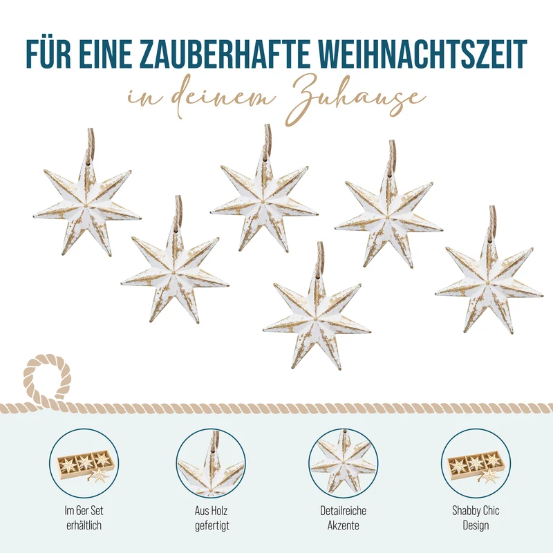 6er Set Sternanhänger Holz weiß gold 8 cm mit Holzbox