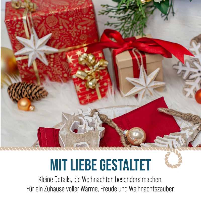 6er Set Sternanhänger Holz weiß gold 8 cm mit Holzbox