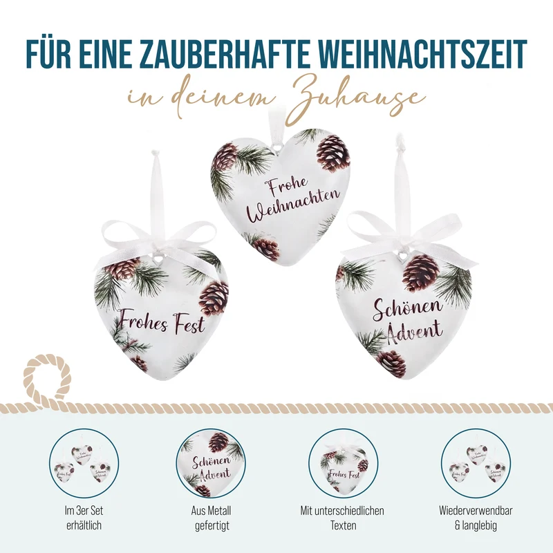 3er Set Herz Anhänger Metall Weihnachtsgruß ca. 6,5 cm weiß