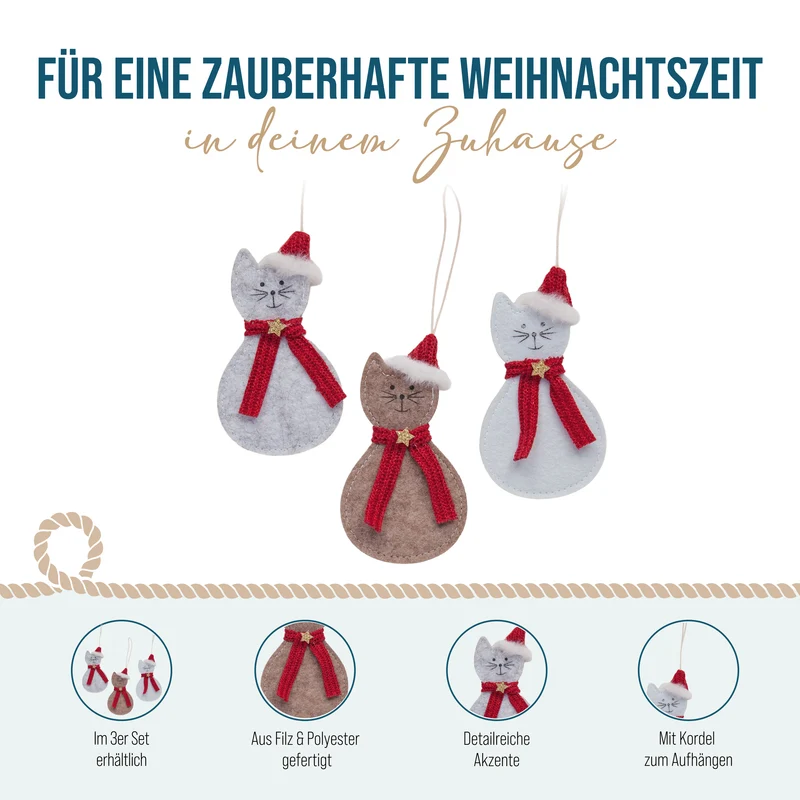 3er Set Katzen Christbaumschmuck Filz ca. 13 cm rot grau