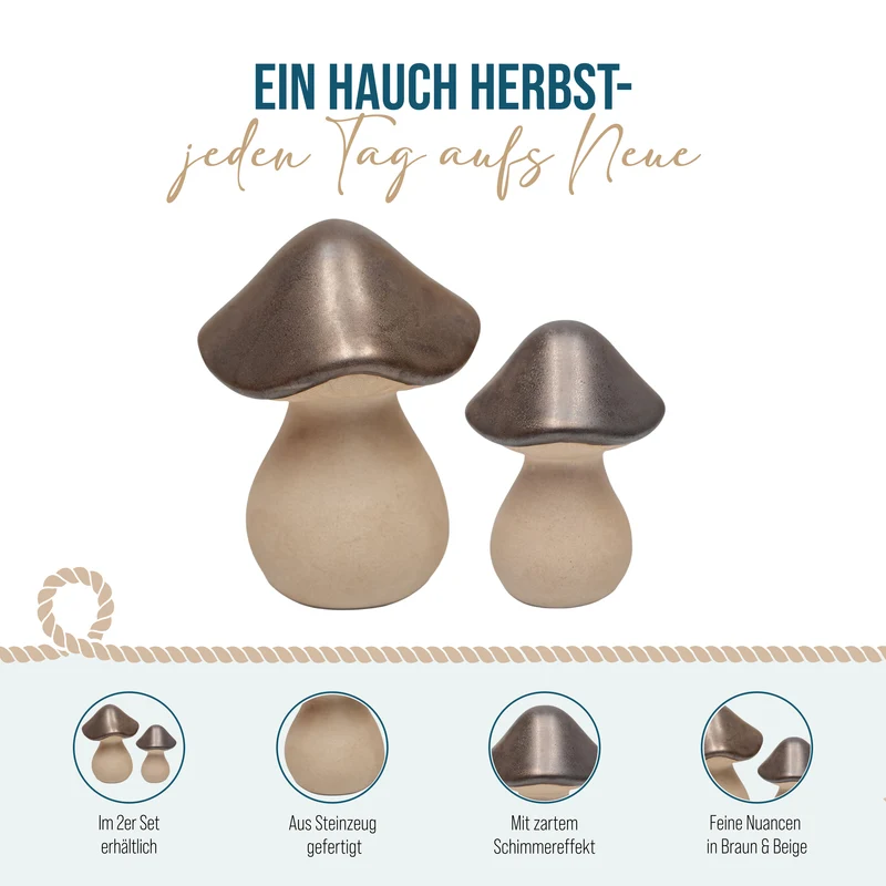 Deko-Pilze 2er Set aus Steinzeug braun beige ca. 7,5 und 10 cm