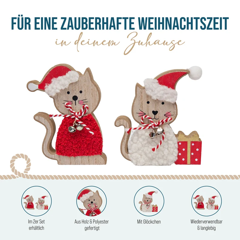 2er Set Katzen Aufsteller Holz und Stoff 12,5 cm Rot Weiß