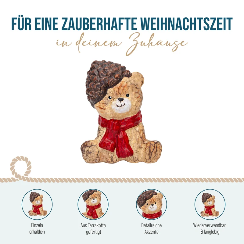 Bär Figur Terrakotta mit Zapfenmütze und Schal 12 x 9 x 14,5 cm