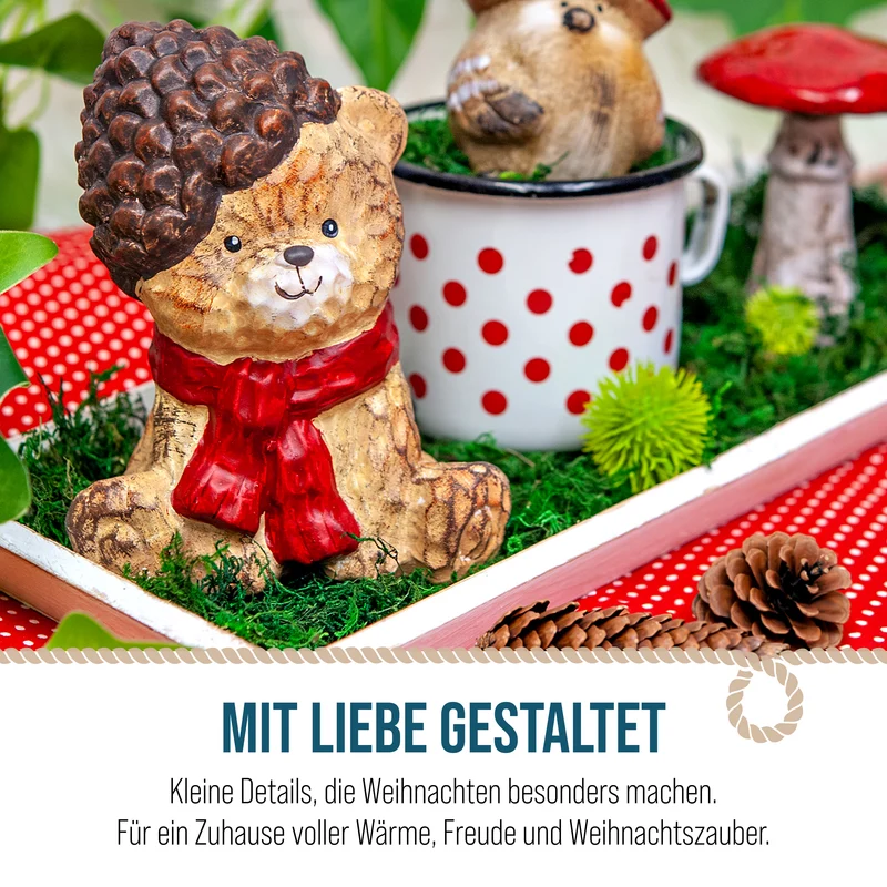 Bär Figur Terrakotta mit Zapfenmütze und Schal 12 x 9 x 14,5 cm