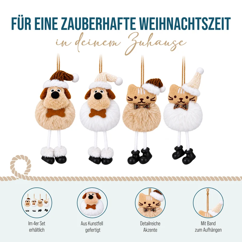 4er Set Plüsch Anhänger Hund und Katze 18-20 cm Beige Weiß