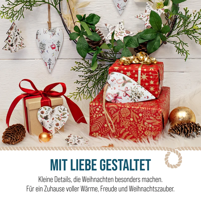 12er Set Holz Anhänger Stern Herz Baum 8 cm Weiß Grün in Geschenkbox