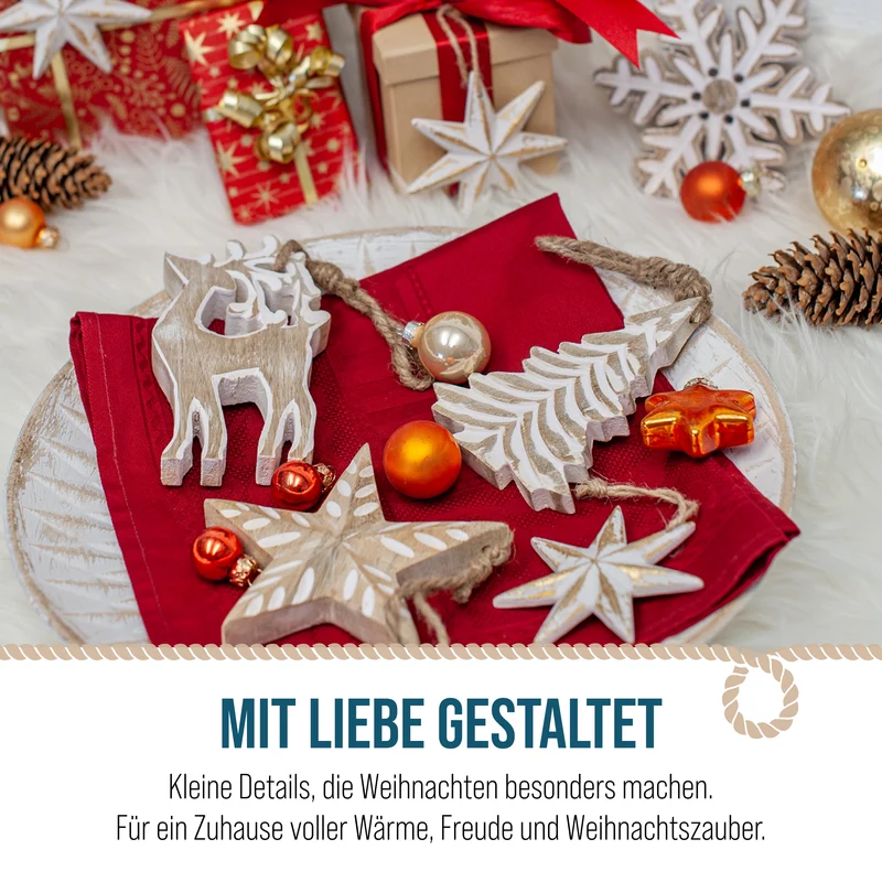 4er Set Mangoholz Anhänger Stern Baum Hirsch Schneeflocke 13 cm