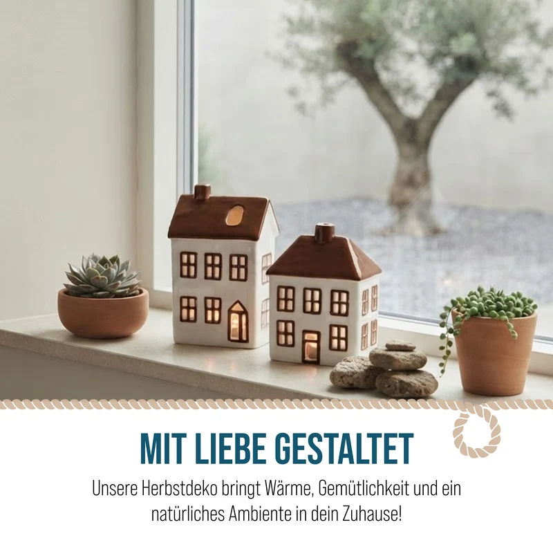 Keramik Windlichthäuser 2er Set – Teelichthalter in Hausform, weiß mit braunem Dach
