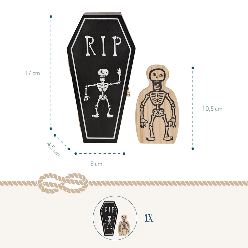 Halloween Sarg Box RIP 17 cm mit Holz-Skelett – Mini-Schatulle als Grusel-Deko