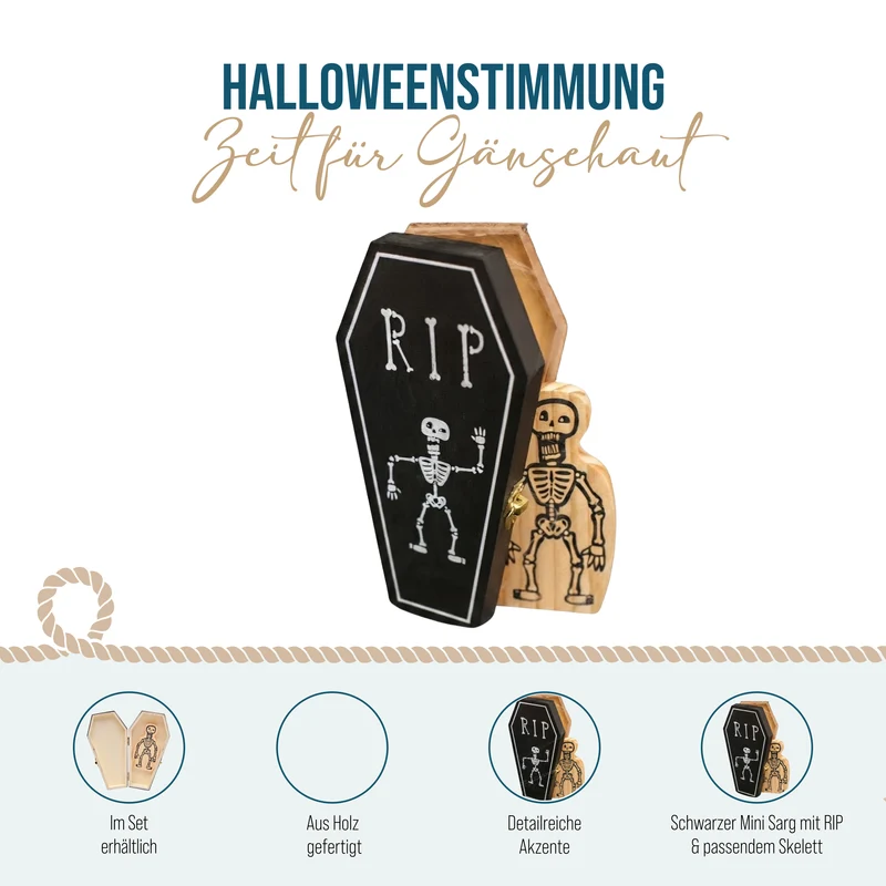 Halloween Sarg Box RIP 17 cm mit Holz-Skelett – Mini-Schatulle als Grusel-Deko