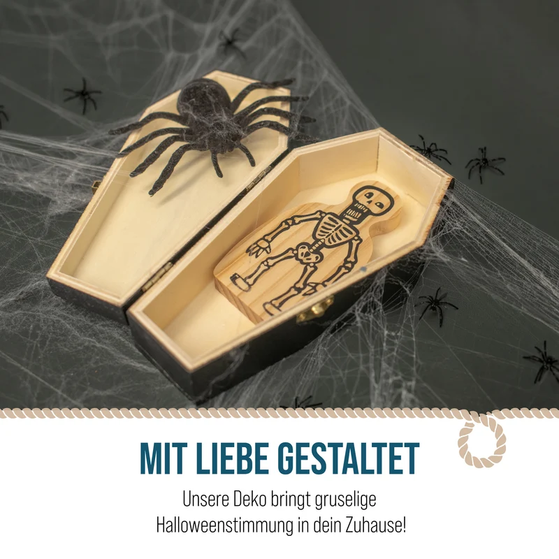 Halloween Sarg Box RIP 17 cm mit Holz-Skelett – Mini-Schatulle als Grusel-Deko