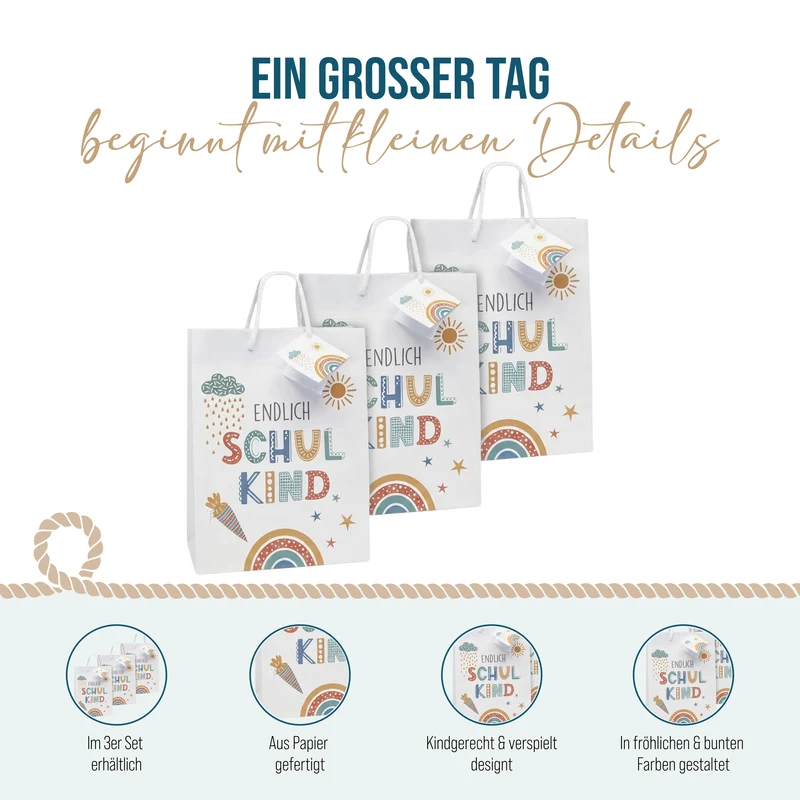 Geschenktüten zur Einschulung „Endlich Schulkind“ – 3er-Set mit Anhängern