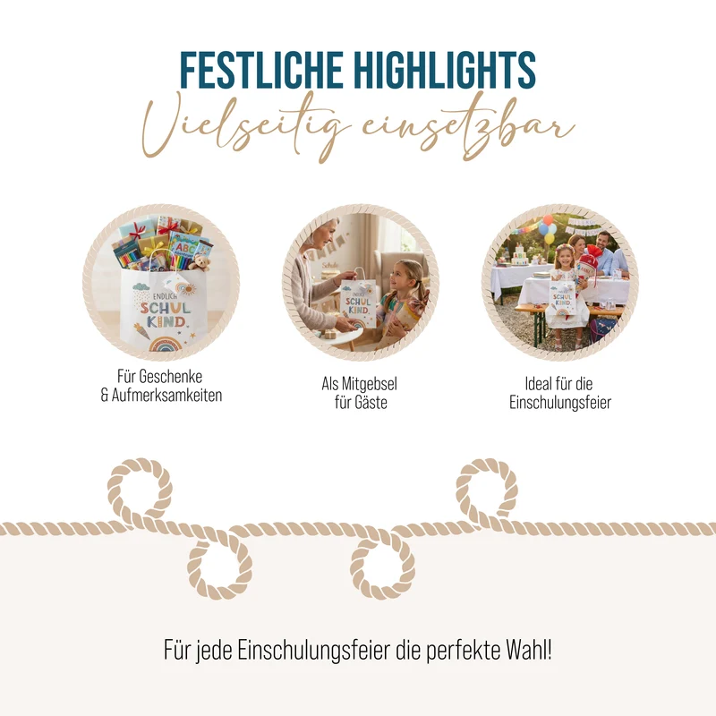 Geschenktüten zur Einschulung „Endlich Schulkind“ – 3er-Set mit Anhängern