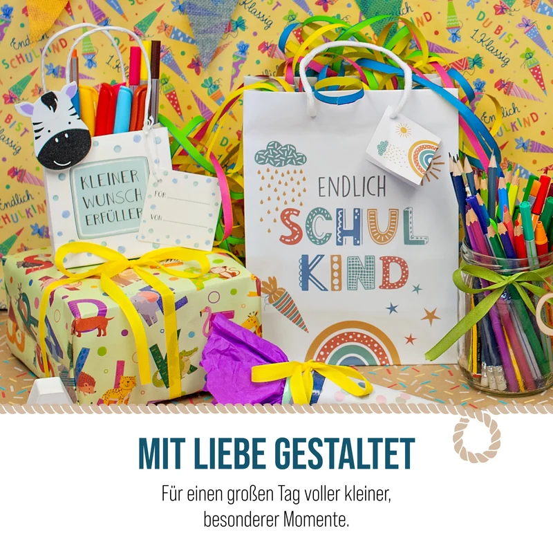 Geschenktüten zur Einschulung „Endlich Schulkind“ – 3er-Set mit Anhängern