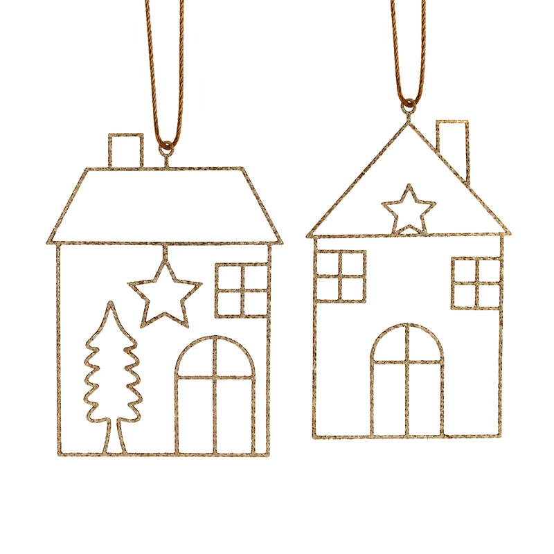 2er Set Weihnachtsanhänger Haus Draht Gold ca. 9 x 12,5 cm