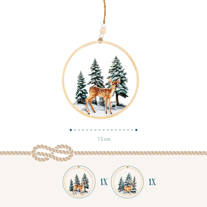 2er Set Weihnachtsanhänger Ring Hirsch und Reh Holz ca. 15 cm