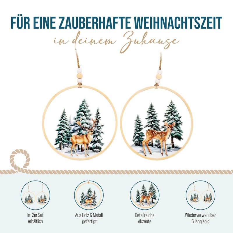 2er Set Weihnachtsanhänger Ring Hirsch und Reh Holz ca. 15 cm