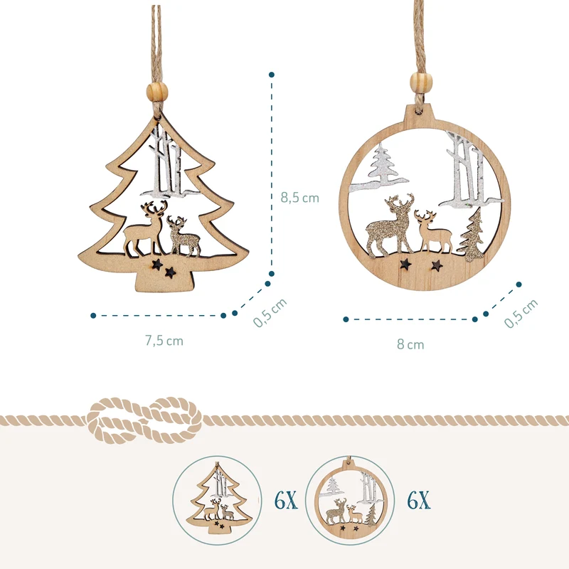 12er Set Christbaumschmuck Holz Tannenbaum und Kugel ca. 7,5 cm