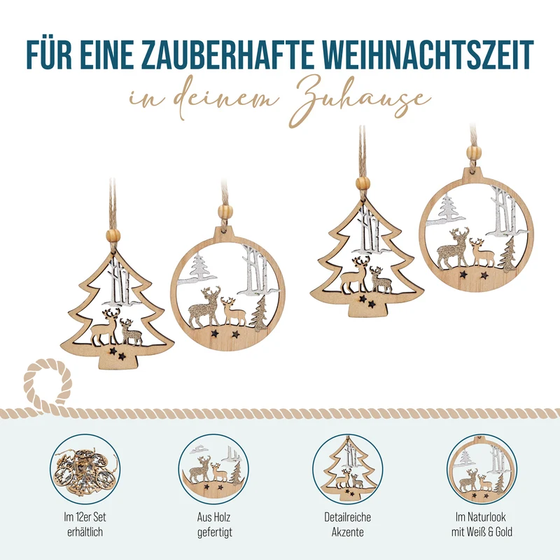 12er Set Christbaumschmuck Holz Tannenbaum und Kugel ca. 7,5 cm