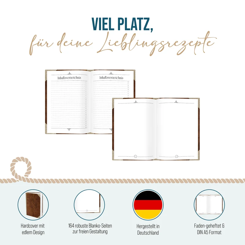 Rezeptbuch A5 zum Selberschreiben, Hardcover in Leder-Optik