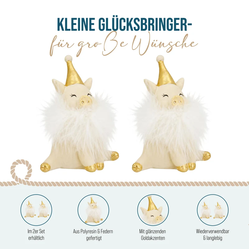 Glücksschwein Figuren 2er Set Weiß-Gold mit Federkragen, 8 cm