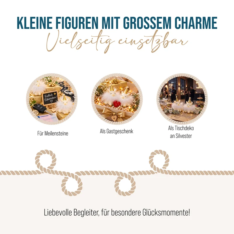 Glücksschwein Figuren 2er Set Weiß-Gold mit Federkragen, 8 cm