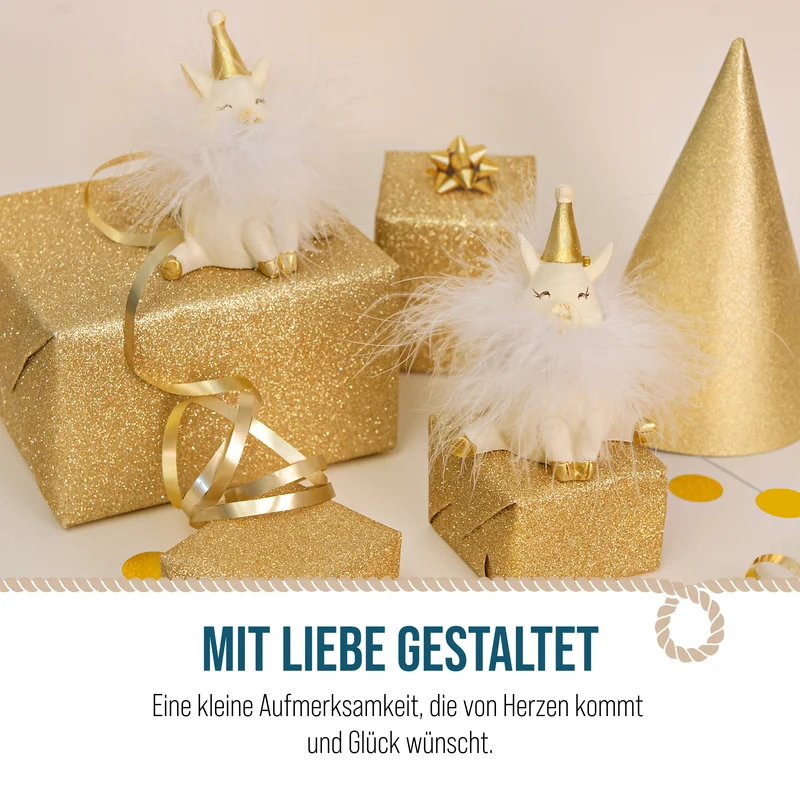 Glücksschwein Figuren 2er Set Weiß-Gold mit Federkragen, 8 cm