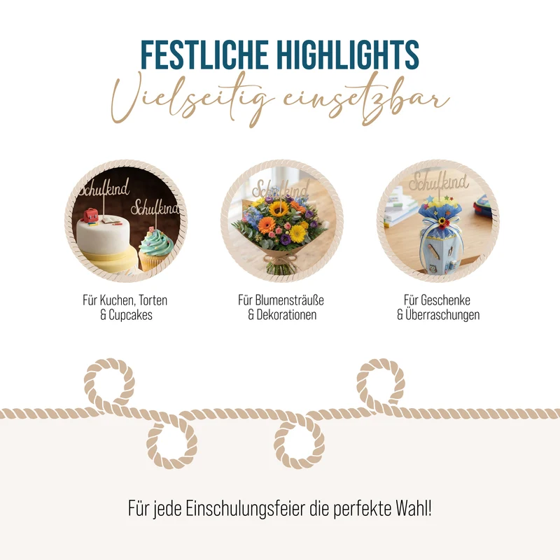 Cake Topper „Schulkind“ aus Holz – Tortendeko zur Einschulung