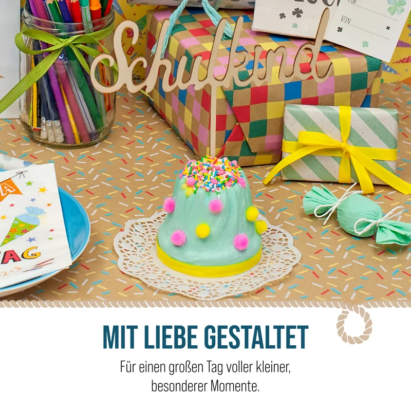 Cake Topper „Schulkind“ aus Holz – Tortendeko zur Einschulung