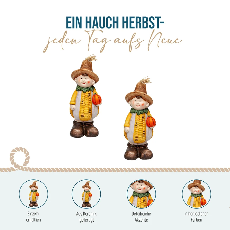 Dekofigur Maiskind mit Kürbis – Herbstdeko aus Keramik 21 cm