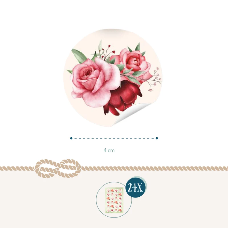 24 Rosen Aufkleber rund 4 cm – Blumensticker Rosa