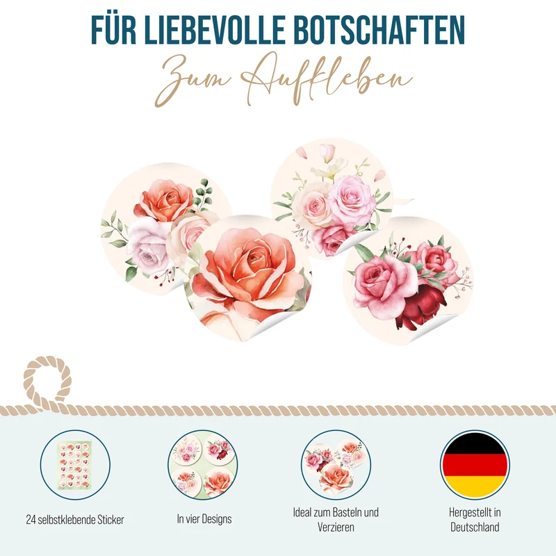 24 Rosen Aufkleber rund 4 cm – Blumensticker Rosa