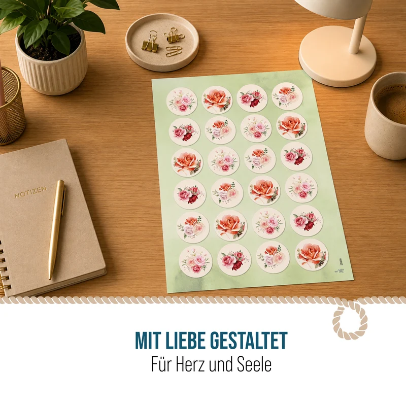 24 Rosen Aufkleber rund 4 cm – Blumensticker Rosa