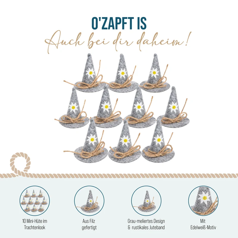 Oktoberfest Tischdeko 10er Set – Filzhüte mit Edelweiß