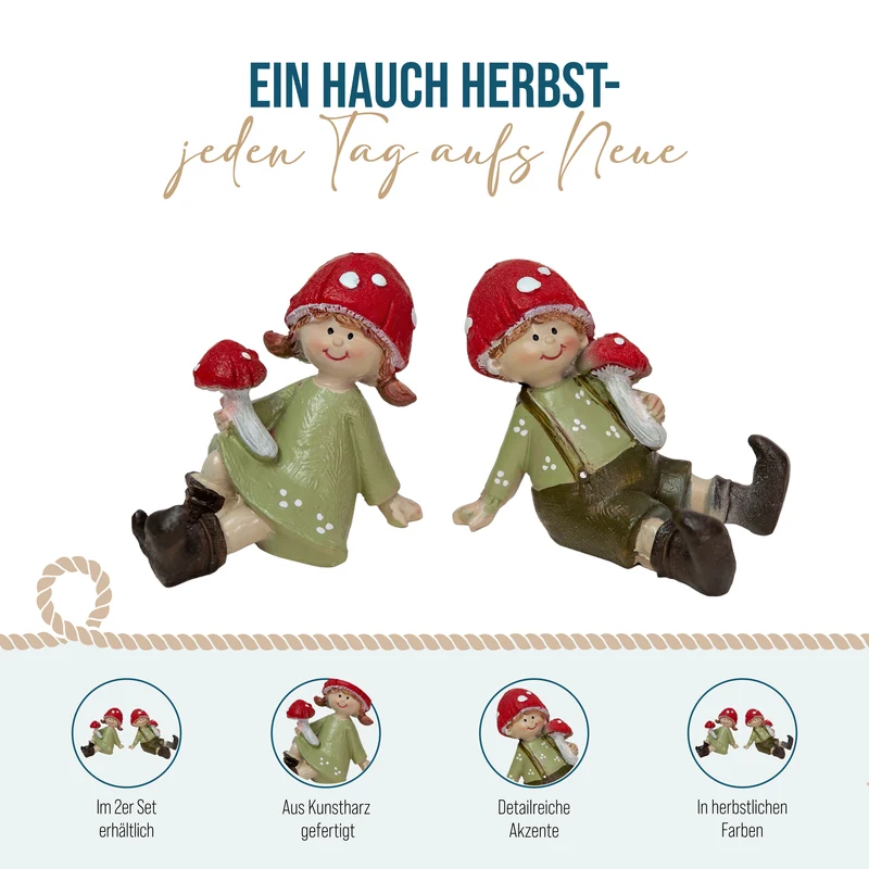 Fliegenpilz-Kinder Figuren 2er Set sitzend 7,5 x 5 x 6,5 cm rot grün
