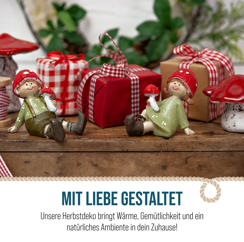 Fliegenpilz-Kinder Figuren 2er Set sitzend 7,5 x 5 x 6,5 cm rot grün